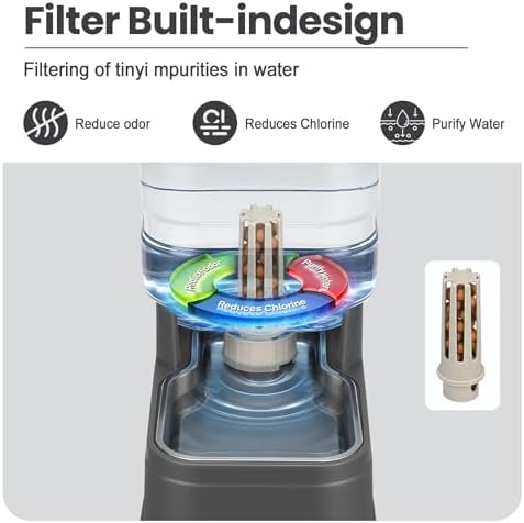 Automatic Cat Water Dispenser Gravity Stainless Steel Water Feeder Dog Waterer Feeder with Wide Mouth Bowl for Small Medium Dog Puppy Kitten (Filter &Ice Pack Included) 1Gallon Gray