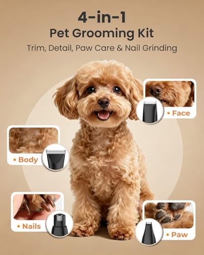 M&M STAR Dog Grooming Kit, 4-in-1 Dog Clippers for Grooming, Cordless Dog Hair Trimmer with Dog Paw Trimmer & Dog Nail Grinder, Low Noise Pet Clippers for Dogs Cats Face Ears Paws