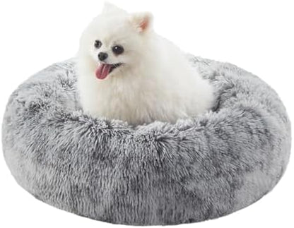 23 inches Faux Fur Fluffy Donut Dog Bed for Small Dogs,Dark Grey