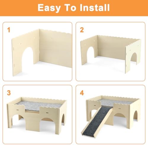 Detachable 2-Story Wooden Guinea Pig Castle with Ramp & Fleece Mat, Small Animal Hideout House for Guinea Pigs, Hamsters, Gerbils & Chinchillas