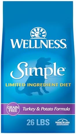 Wellness Simple Limited Ingredient Adult Dry Dog Food, Grain Free Kibble, Sensitive Stomach, Skin & Coat Support, Natural, Chicken Free, Turkey and Potato Recipe, 26 lb Bag