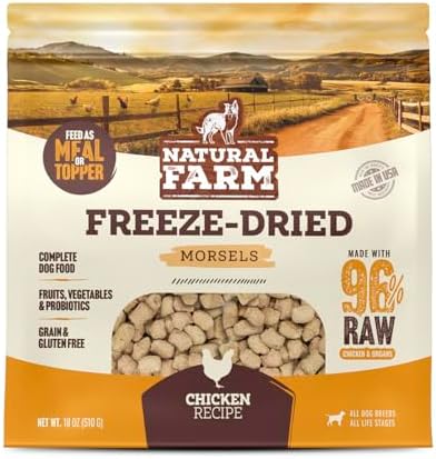 Natural Farm Freeze-Dried Chicken Morsels for Dogs – 96% Raw Chicken & Organs, Complete Meal or Food Topper, Grain-Free, Gluten-Free, Probiotics for Digestion, All Life Stages – 18oz Bag