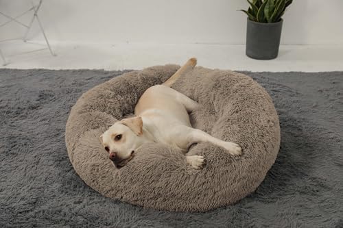 HACHIKITTY Calming Donut Cuddler Dog Bed, Round Fluffy Pet Bed with Sewn-in Cushion for Large Dogs,Washable, Large, Taupe, 30''
