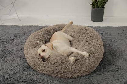 HACHIKITTY Calming Donut Cuddler Dog Bed, Round Fluffy Pet Bed with Sewn-in Cushion for Large Dogs,Washable, Large, Taupe, 30''