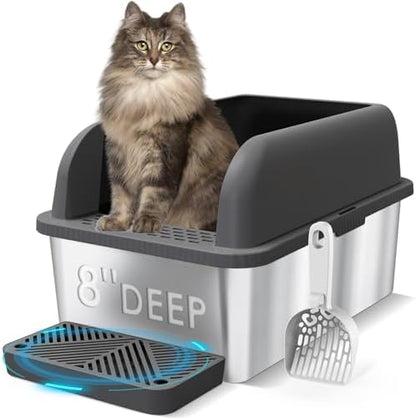 Suzzipaws XL 8" Deep Enclosed Stainless Steel Cat Litter Box for Big Cats