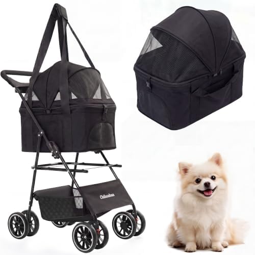 2-in-1 Foldable Pet Stroller 4-Wheel for Small Dogs & Cats, Black