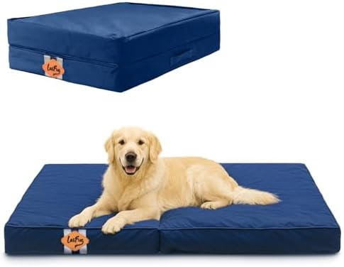 Laifug Foldable Waterproof Dog Bed for Large Dogs - Outdoor Orthopedic Dog Bed with Washable Removable Cover, Pet Mattress with Handles, Navy Blue, (44 x 32 x 3.5 inches)