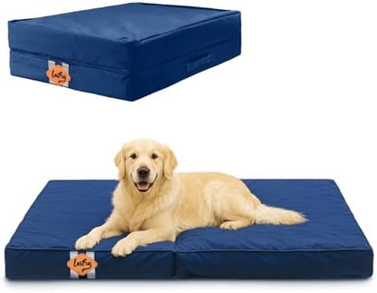 Laifug Foldable Waterproof Dog Bed for Large Dogs - Outdoor Orthopedic Dog Bed with Washable Removable Cover, Pet Mattress with Handles, Navy Blue, (44 x 32 x 3.5 inches)