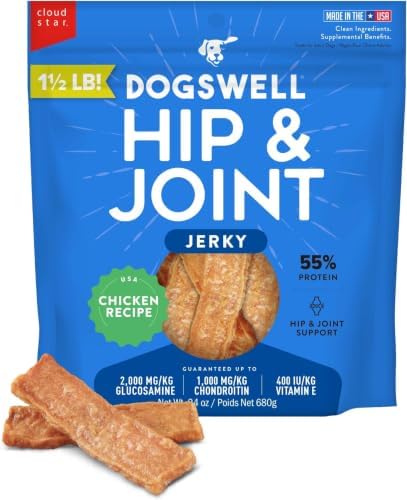 DOGSWELL Jerky Hip and Joint Dog Treats Grain Free Made in USA Only, Glucosamine and Chondroitin, 24 oz Chicken (Pack of 12)