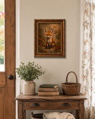Framed Vintage Style Wall Art Cute Fox in a Rustic Forest Setting Canvas Print Poster Farmhouse style artwork suitable for bedroom or living room 12x16 inches ready to hang or display on a tabletop