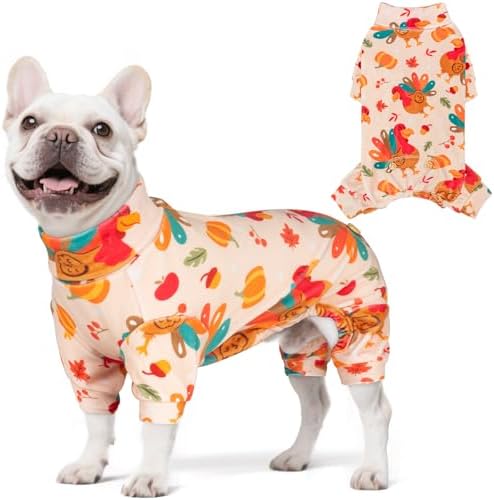KYEESE Thanksgiving Dog Pajamas, Turtleneck Dog Pajamas for Small Dogs Boy Girl, Soft Velvet Turkey Print Pet Onesie with 4-Leg Design, Stretchy Jammies Cozy Holiday Pjs, Medium