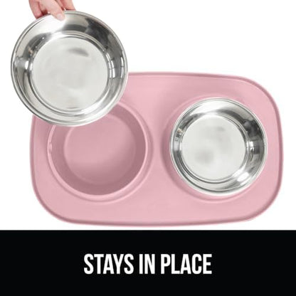 GORILLA GRIP Dog Bowl Set with Feeding Mat, 304 Stainless Steel, 1 Cup Pink