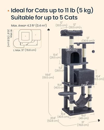 SONGMICS HOME Cat Tree for Indoor Cats, Multi-Level Cat Tower with Sisal Scratching Posts, Hammock and Condo, Dark Gray