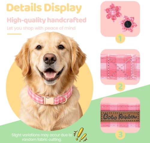 Pink Gingham Dog Collar with Flower for Small Female Dogs