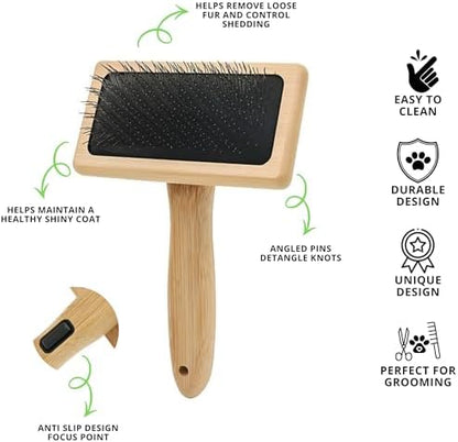 Removes Loose Fur & Tangles Fast | Dog & Cat Slicker Brush | Bamboo Deshedding Tool for All Coat Types | Gentle & Eco-Friendly Grooming