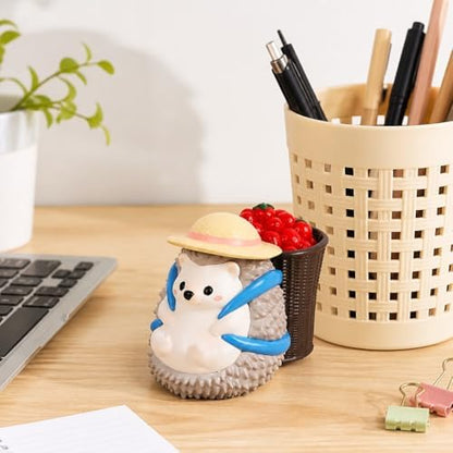 Gray Hedgehog Pen Holder & Desk Figurine with Removable Tomato