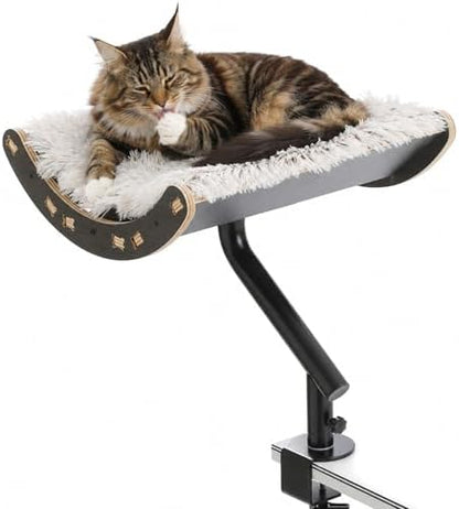 PEQULTI Desk Cat Bed, 360° Rotating Clamp-On Cat Hammock, Wood, Black