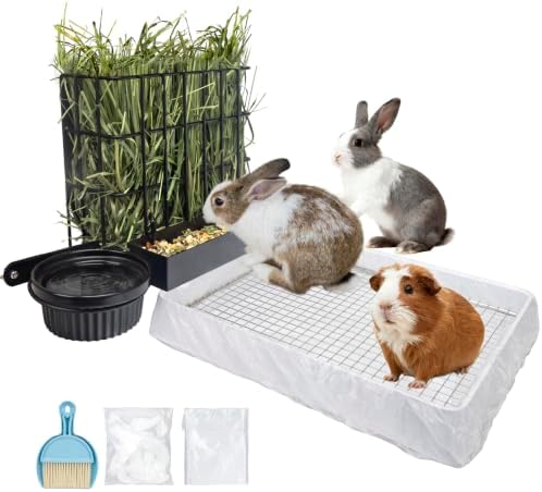 BESNEW 3 in 1 Rabbit Hay Feeder with Litter Box,Upgraded Metal Hay Rack & Litter Tray & Water Bowl,Quick Cleaning,Easy to Install,Bunny Supplies for Rabbit Guinea Pig Chinchilla Small Animals