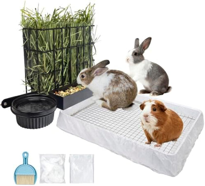 BESNEW 3 in 1 Rabbit Hay Feeder with Litter Box,Upgraded Metal Hay Rack & Litter Tray & Water Bowl,Quick Cleaning,Easy to Install,Bunny Supplies for Rabbit Guinea Pig Chinchilla Small Animals