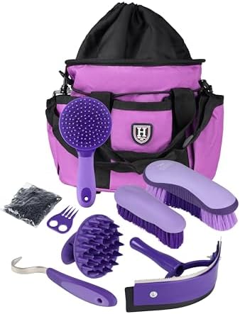 Harrison Howard Horse Grooming Brushes Kit 7 pieces with Organizer Tot Equine Care Series Horse Brush Sets New Purple
