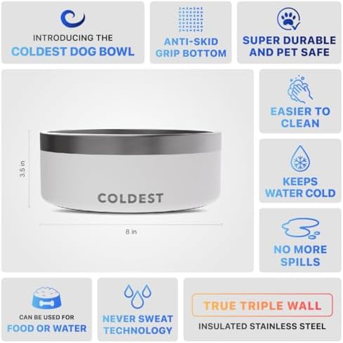 Coldest Dog Bowl - Anti Rust Metal, Non Slip, 3 Layers Insulated Stainless Steel Dog Bowls - Spill Proof & Heavy Duty - Water Bowl for Dogs, Cats & Pets, Dish Washer Safe (64 oz, Epic White)