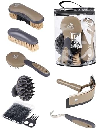Harrison Howard Horse Grooming Kit, 7 Piece Horse Brush Set with Curry Comb, Hoof Pick, Sweat Scraper & Bag Brown