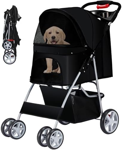 Foldable Pet Stroller 4 Wheels for Small Medium Dogs Cats,Black