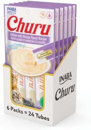 INABA Churu Cat Treats, Lickable, Squeezable Creamy Purée Cat Treat with Green Tea Extract & Taurine, 0.5 Ounces Each Tube, 24 Tubes (4 per Pack), Chicken with Shrimp Recipe