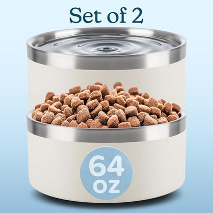 Set of 2 Stainless Steel Dog Bowls - 64oz/8 Cups Double Wall Insulated Food and Water Bowls for Dogs and Cats, Non Slip Metal Pet Dishes for Medium-Large Pets, Puppy Essentials by PETMAKER (Cream)