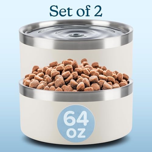 Set of 2 Stainless Steel Dog Bowls - 64oz/8 Cups Double Wall Insulated Food and Water Bowls for Dogs and Cats, Non Slip Metal Pet Dishes for Medium-Large Pets, Puppy Essentials by PETMAKER (Cream)