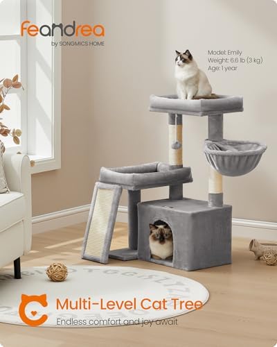 Feandrea Cat Tree, 33.8" Cat Tower, Scratching Posts and Ramp, Dove Gray