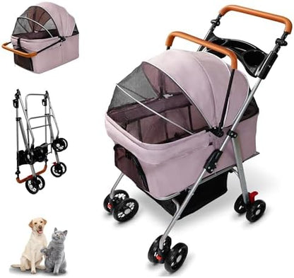 Pet Stroller with Storage Basket and Cup Holder, Folding Dog Jogger, Foldable Cat Stroller, 3 in 1 Puppy Kitten Cart, Pet Jogger for Medium Dog Cat (Pink)