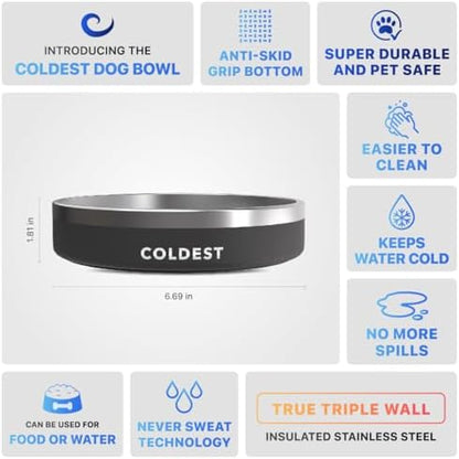 Coldest Dog Bowl - Anti Rust Metal, Non Slip, 3 Layers Insulated Stainless Steel Dog Bowls - Spill Proof & Heavy Duty - Water Bowl for Dogs, Cats & Pets, Dish Washer Safe (21 oz, Stealth Black)