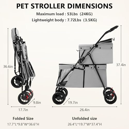Double Pet Stroller for Medium Small Dogs and Cats with 2 Carriage, Durable Universal Wheels with Brakes Lightweight One Hand Foldale Kittens Puppies Travel Strolling Cart (Gray)