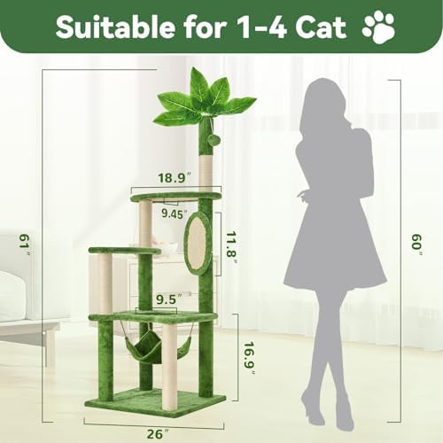 61" Cat Tree for with Green Leaves, Multi-Level Large Cat Tower with Hammock, Plush Cat House with Hang Ball Toy and Sisal Scratching Posts Furniture, Green