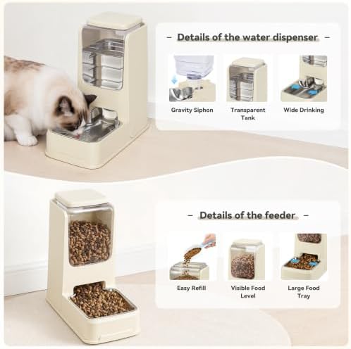 2 Pack Automatic Cat Feeder Stainless Steel Gravity Food and Water Dispenser for Small Medium Kitten Puppy Pets (Cream)