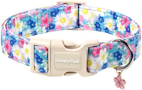 Lionet Paws Floral Dog Collar- Cute Spring Wildflowers Daisy Forget Me Not Dog Collars with Plastic Buckle,Light Adjustable Dog Collars for Medium Large Dogs