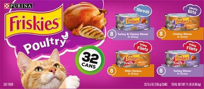 Friskies Purina Gravy Wet Cat Food Variety Pack, Poultry Shreds, Meaty Bits and Prime Filets - (Pack of 64) 5.5 oz. Cans