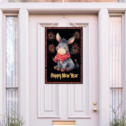 Happy New Year Garden Flag 12x18 Double Sided Vertical Linen Small Fireworks Donkey House Flag Welcome Holiday Winter House Outdoor Outside Decorations (27181)