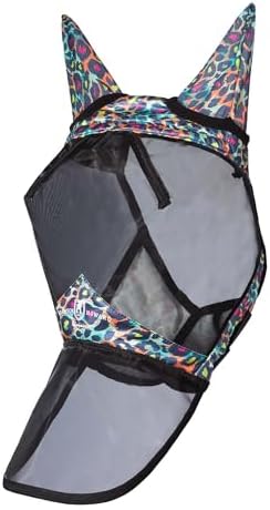 Harrison Howard Pro LumiVista Horse Full Face Fly Mask Large Eye Space Long Nose with Ears UV Protection for Horse Iridescent Prints M