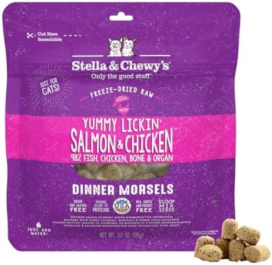 Stella & Chewy's Freeze-Dried Raw Cat Dinner Morsels - Premium Salmon & Chicken Recipe with 98% Wild-Caught & Cage-Free Protein - Natural Grain-Free Cat & Kitten Food - Made in USA - 3.5 oz