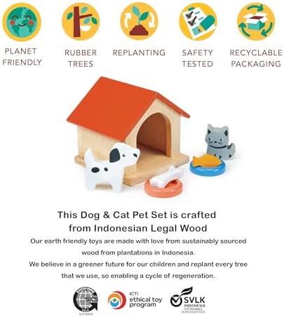Mentari Toys - Dog & Cat Pet Set - 7pc Wooden Dollhouse Pet Accessories with Kennel, Dog, Cat, Bowls, Bone and Fish - Small World Play - Encourages Imaginative Play and Empathy Skills - Age 3+