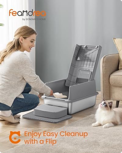 Feandrea Stainless Steel Cat Litter Box with Flip Lid, 2 Doors, Scoop
