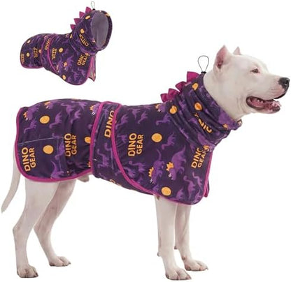 LovinPet 3-in-1 Dog Warm Winter Coat & Bathrobe, Purple Dinosaur Fleece, M