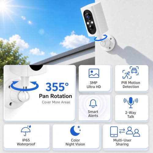 355° Pan Rotate Cameras 2 Pack, 2K Video, Security Cameras Wireless Outdoor
