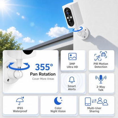355° Pan Rotate Cameras 2 Pack, 2K Video, Security Cameras Wireless Outdoor