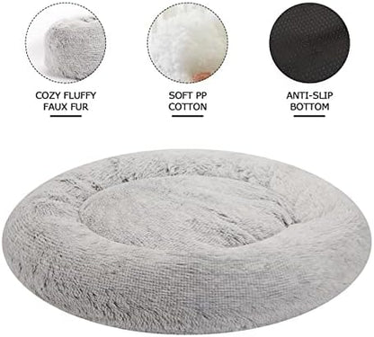 Bedfolks Calming Fluffy Donut Dog Bed for X-Large Dogs,Light Grey,45" Round