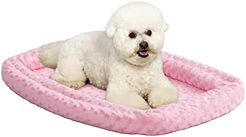 MidWest Homes for Pets Medium QuietTime Double Bolster Pet Bed, Pink Plush 30-Inch Crate Mat with Stacked Bolsters, Machine Washable, Secure Fit with Elastic Straps