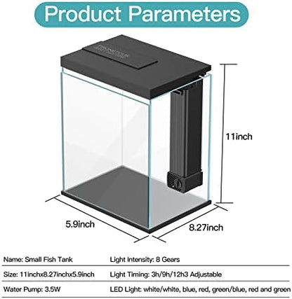 Betta Fish Tank, 2 Gallon Glass Aquarium Starter Kit, Small Fish Tank with Filter and Light.