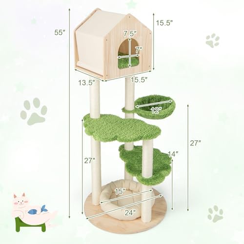 Tangkula Cat Tree Tower, Multi-Level Modern Wood Cat Tower with Sisal Scratching Posts, Jumping Platforms, Perch, Hammock, Cute Cat Condo, Tall Cat Tree for Indoor Cats Large Adult (55 Inch)